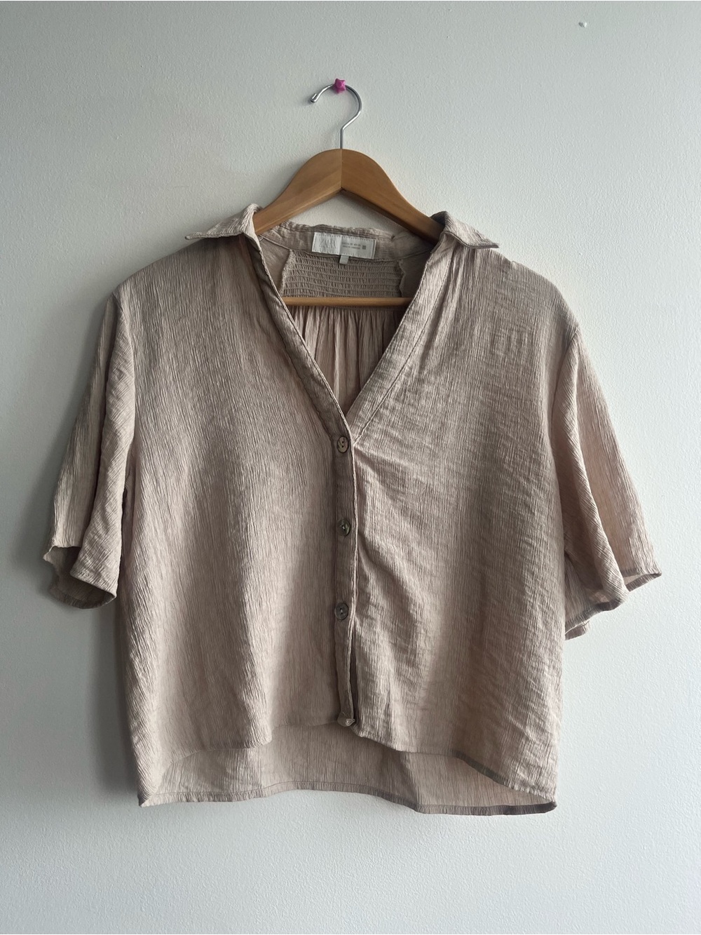 Zara Textured Button Front Blouse Neutral Beige Oversized Top Minimalist Sz XS-S